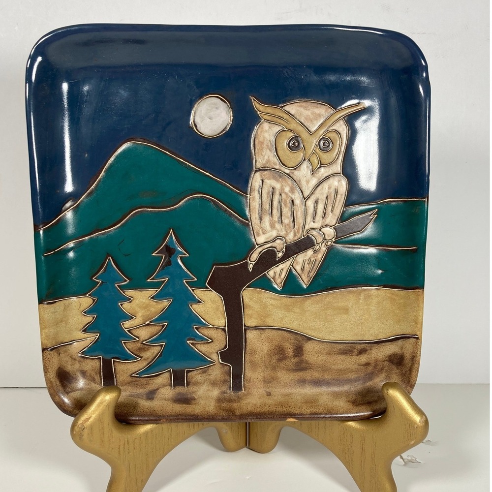 Mara Mexico Studio Pottery Owl Square Plate Hand Etched Stoneware Blue 8.25"